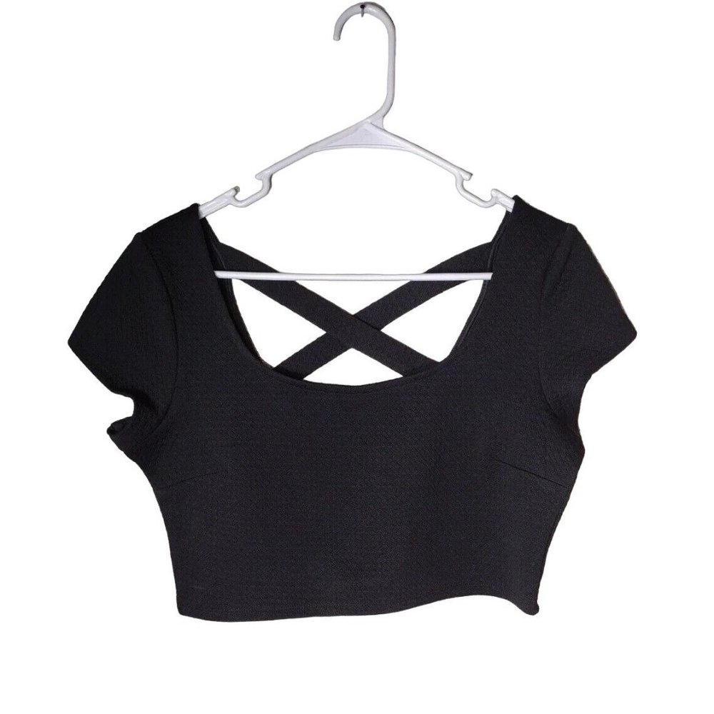Trixxi Top Womens 11 Cropped Cap Sleeve Crisscross Back Waffle Knit